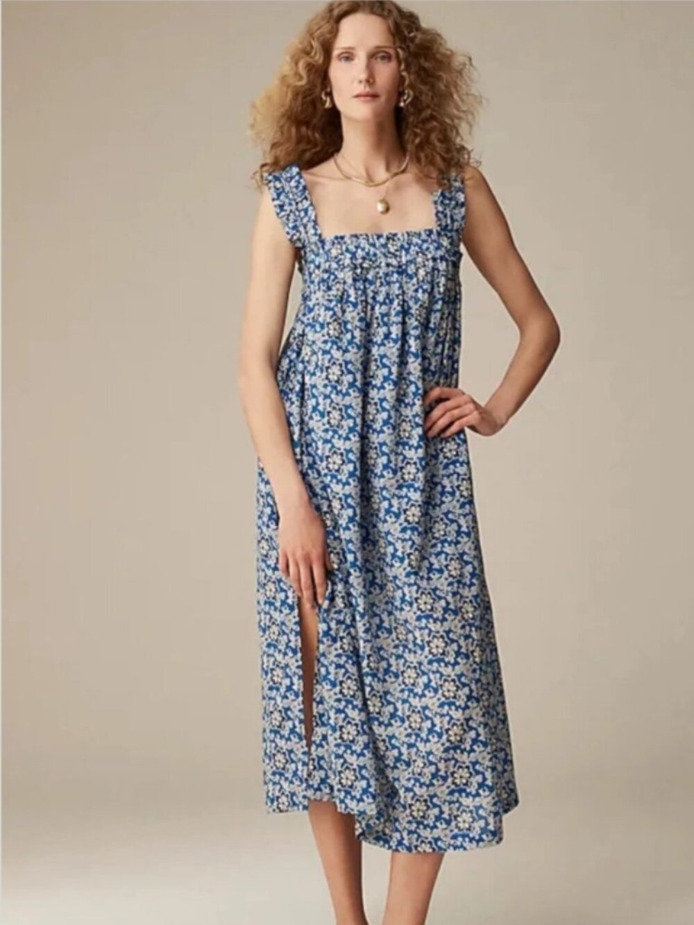 J. Crew Cotton voile ruffle-trim shift dress in cobalt floral Size M